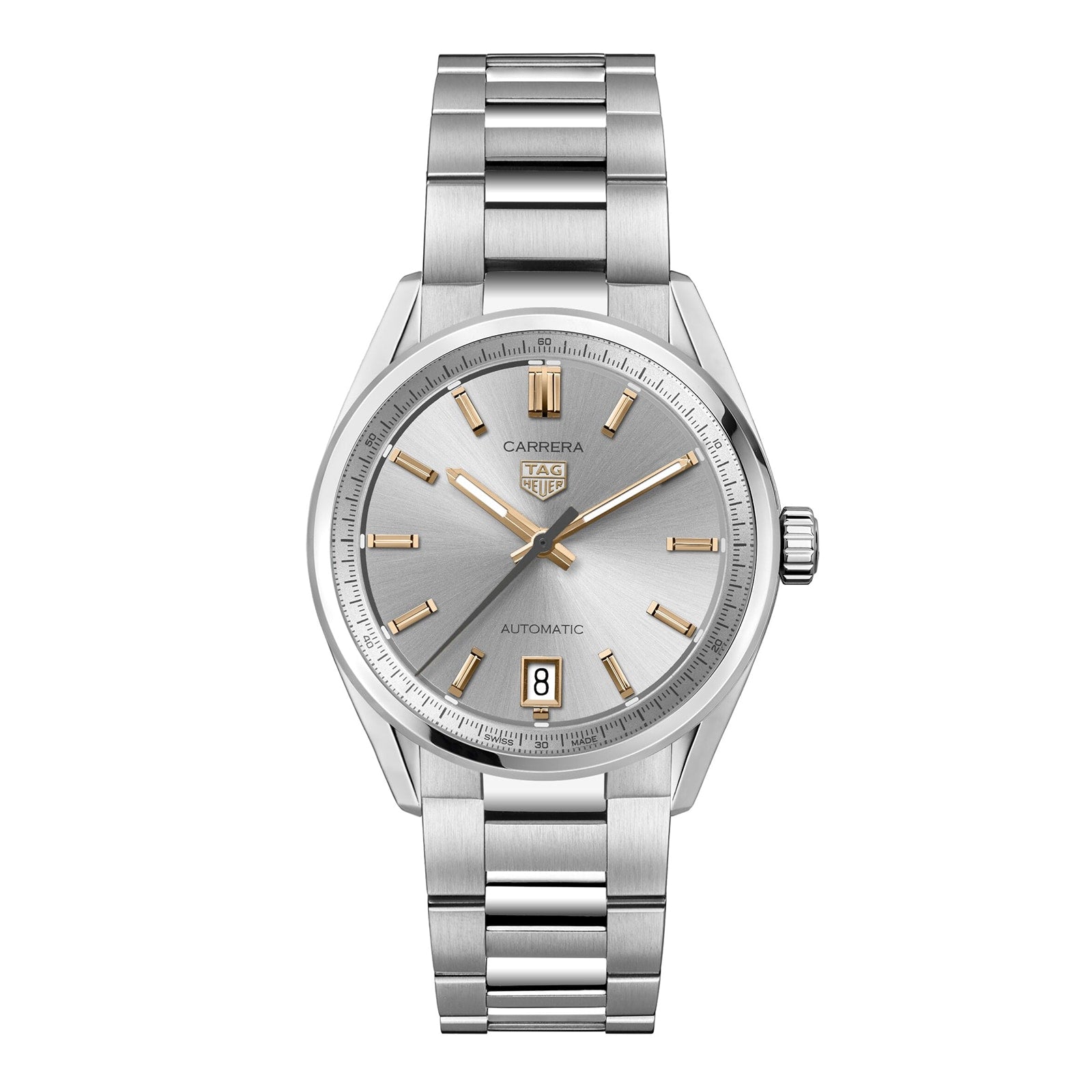 The TAG Heuer Carrera Date exudes elegance with its stainless steel bracelet, gold-tone hour markers and hands, plus a date display at 6 o’clock.