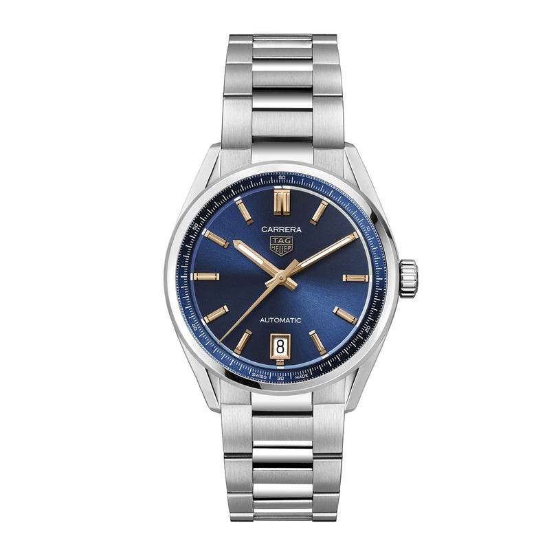 The TAG Heuer Carrera Date is a stainless steel wristwatch featuring a blue dial, gold-tone hands and hour markers, and a date display at 6 o’clock—a blend of endurance and timeless elegance.
