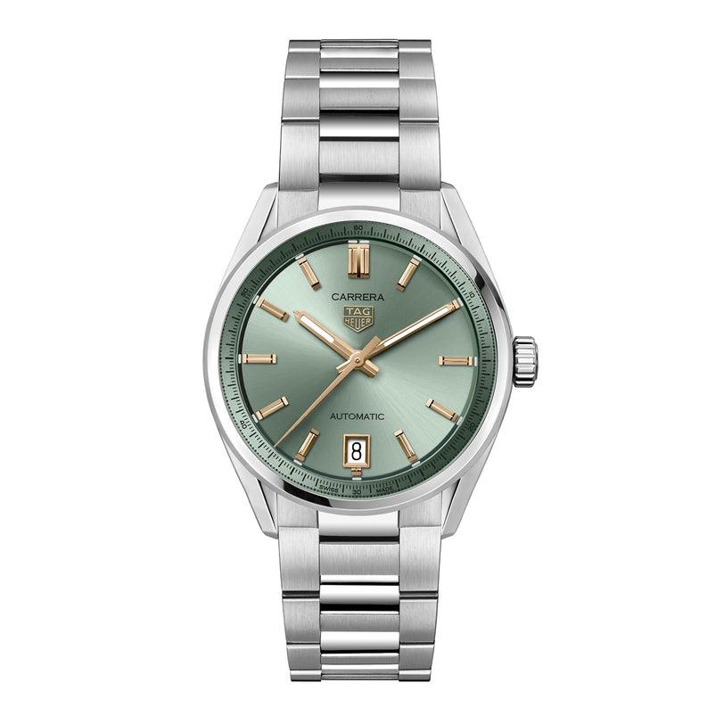 The TAG Heuer Carrera Date wristwatch features a green dial, gold hour markers and hands, a date window at 6 oclock, and a stainless steel bracelet—combining elegance with the enduring quality of the Carrera collection.