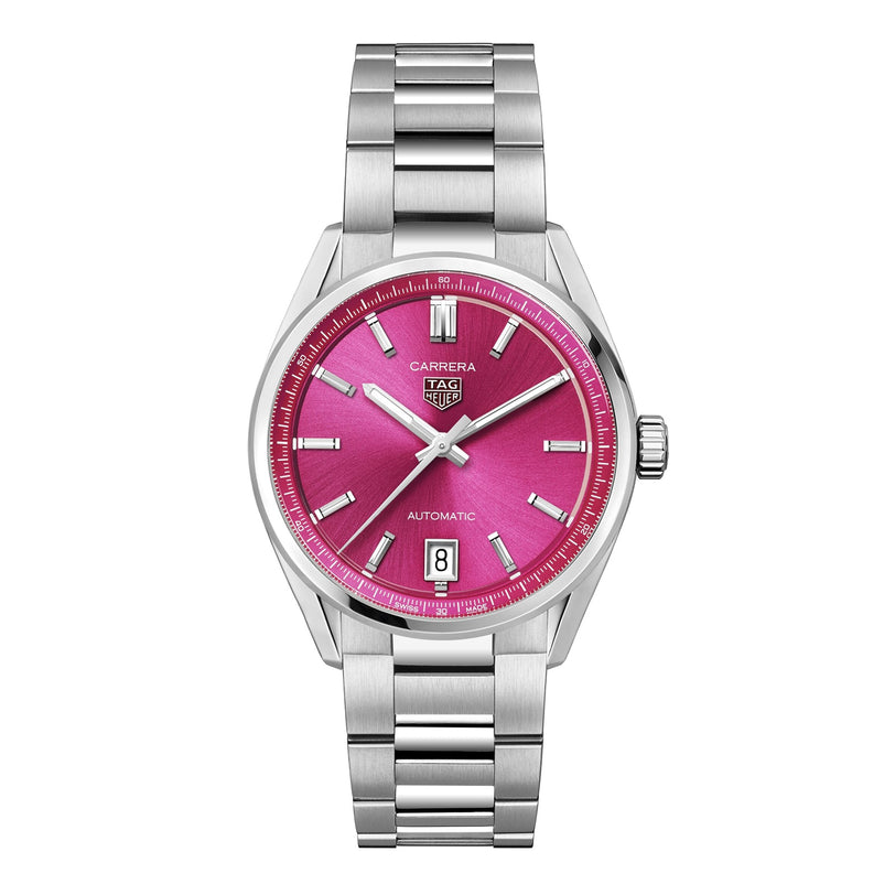 The TAG Heuer Carrera Date features a stainless steel case, metallic pink dial, automatic movement, date display at 6 o’clock, silver hour markers, and a durable metal link bracelet.