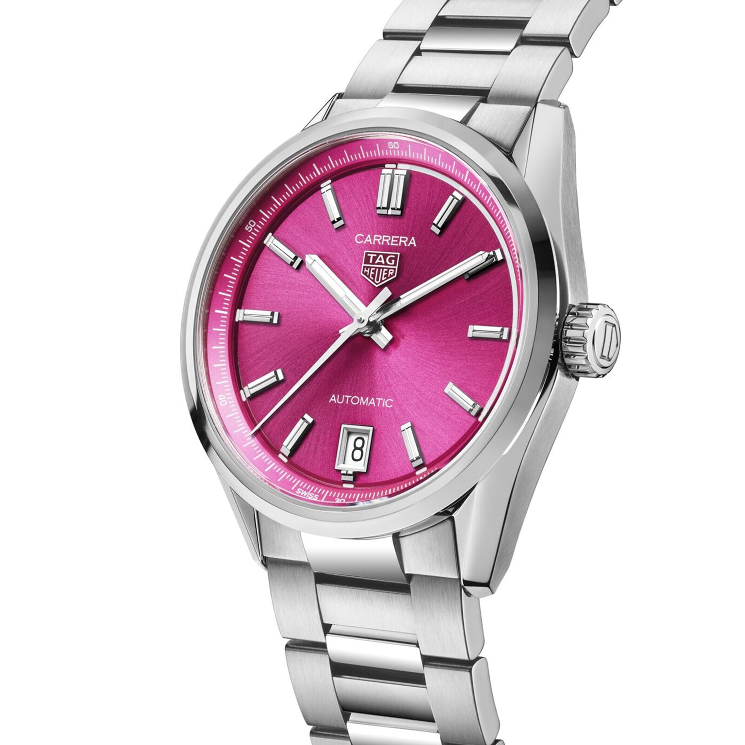 The TAG Heuer Carrera Date is a stainless steel wristwatch with a bright pink dial, silver hour markers, date display at 6 o’clock, and automatic movement—combining signature style and endurance.