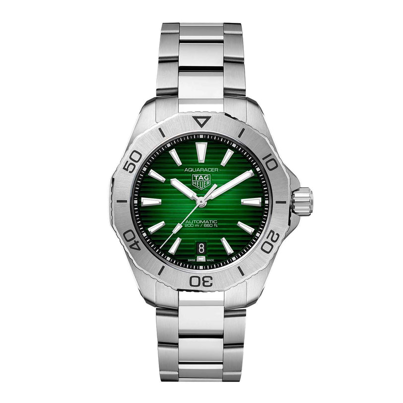 The TAG Heuer Aquaracer Professional 200 is a stainless steel sports watch featuring a green dial, silver hour markers, and a date window at 6 oclock, shown against a white background.