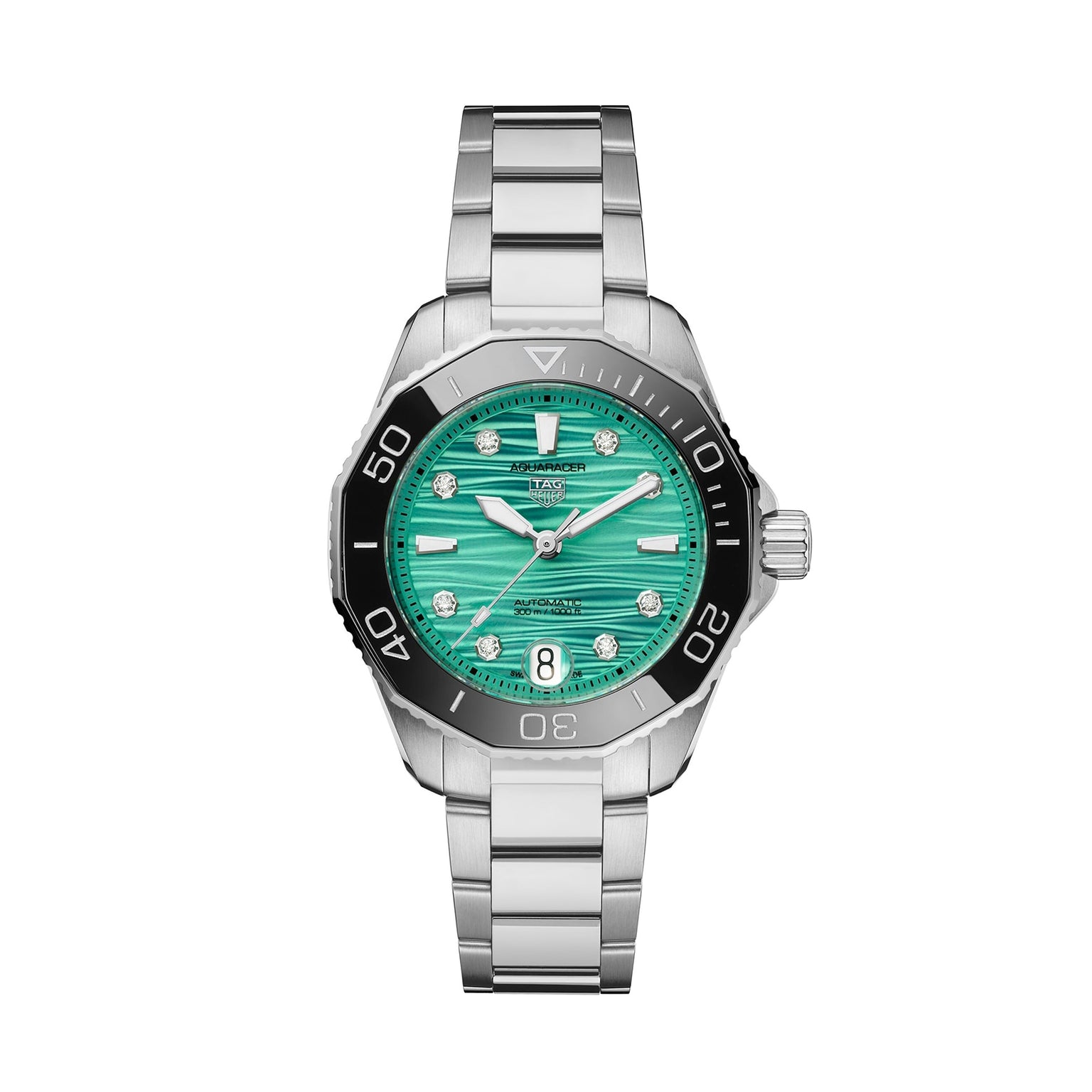 The TAG Heuer Aquaracer Professional 300 Date features a stainless steel bracelet, teal textured dial, silver hour markers, date at 6 oclock, and black bezel, elegantly displayed on a white background.