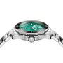 A side view of the TAG Heuer Aquaracer Professional 300 Date sports watch shows its silver metal band, black bezel, and green patterned dial with hour, minute, and second hands.