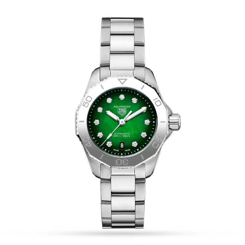 The TAG Heuer Aquaracer Professional 200 sports watch features a green dial, silver hour markers, date at 6 oclock, and a stainless steel bracelet, displayed on a white background.