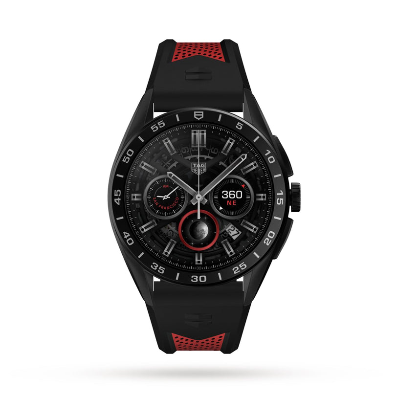 The TAG Heuer Connected Calibre E4 Sport Edition is a black luxury smartwatch with a round face, red accents, black rubber strap, and digital compass on the dial, offering advanced high-tech features.