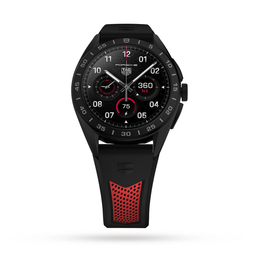The TAG Heuer Connected Calibre E4 Sport Edition smartwatch features a black round face, red accents, black bezel, and a perforated black and red rubber strap, displayed on a white background to highlight its high-tech functionality.