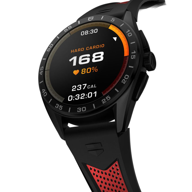 A TAG Heuer Connected Calibre E4 Sport Edition smartwatch in black and red shows a heart rate of 168 bpm, 80% effort, 237 calories burned, and an elapsed time of 32 minutes and 1 second.