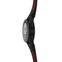 The TAG Heuer Connected Calibre E4 Sport Edition luxury smartwatch, featuring a round face and red accents, is displayed from a side angle against a white background to showcase its high-tech features.