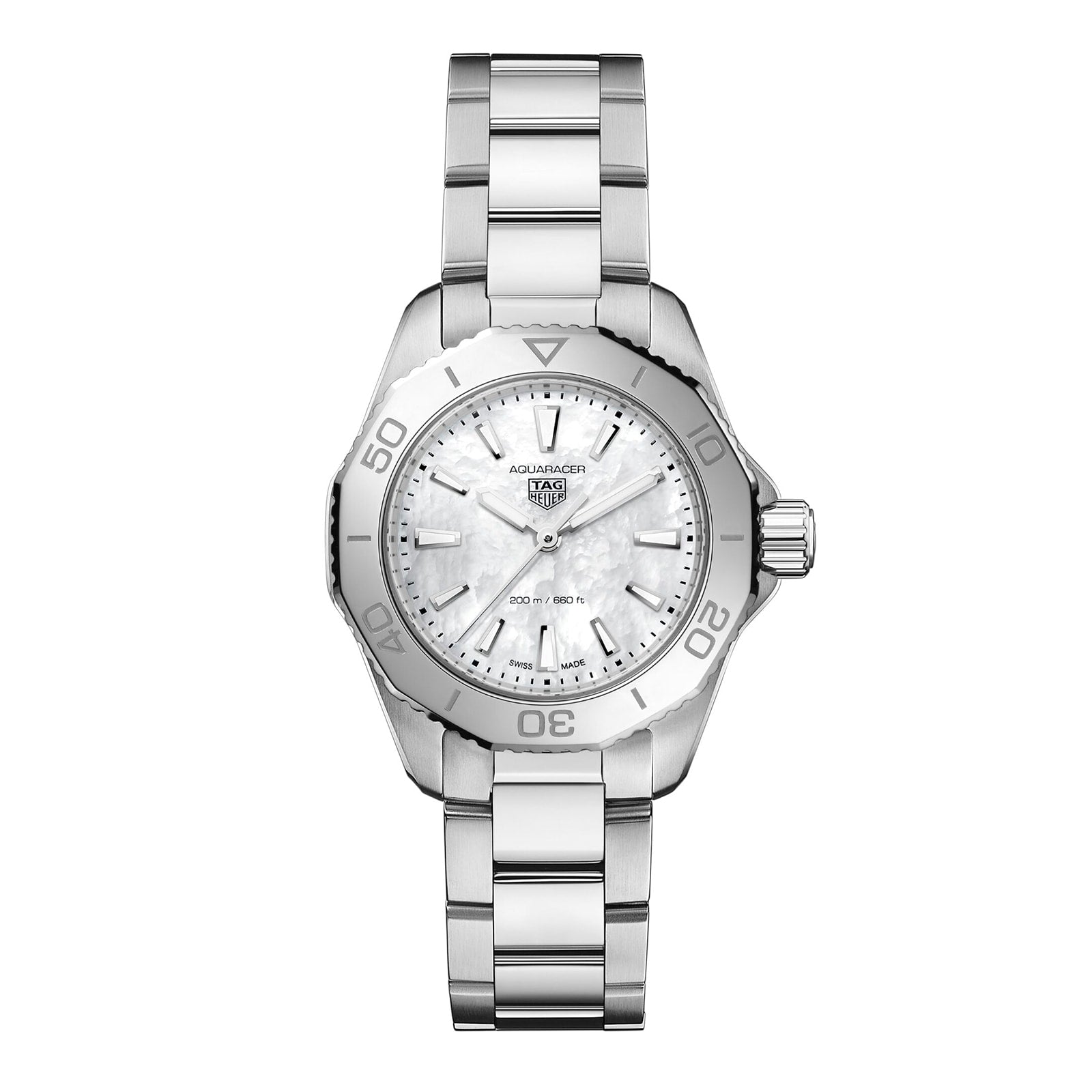 The TAG Heuer Aquaracer Professional 200 sports watch features a stainless steel band, white mother-of-pearl dial with silver hour markers, unidirectional bezel, and precise Quartz movement.
