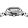 Side view of a TAG Heuer Aquaracer Professional 200 stainless steel sports watch with metal bracelet, ridged bezel, mother-of-pearl dial, logo on the crown, and precise quartz movement.