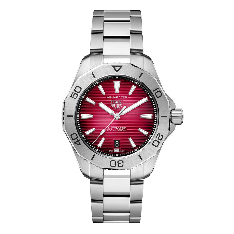 The TAG Heuer Aquaracer Professional 200 features a stainless steel case, smokey-red sunray brushed dial, silver hour markers, a date at 6 o’clock, and a unidirectional bezel.