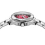 Side view of a TAG Heuer Aquaracer Professional 200 Date, highlighting its stainless steel design with a pink dial, silver bezel and crown, plus metal link bracelet, all set against a white background.