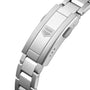 Close-up of the TAG Heuer Aquaracer Professional 200 Dates stainless steel bracelet with deployment clasp and engraved shield logo, highlighting the watchs refined sports design.