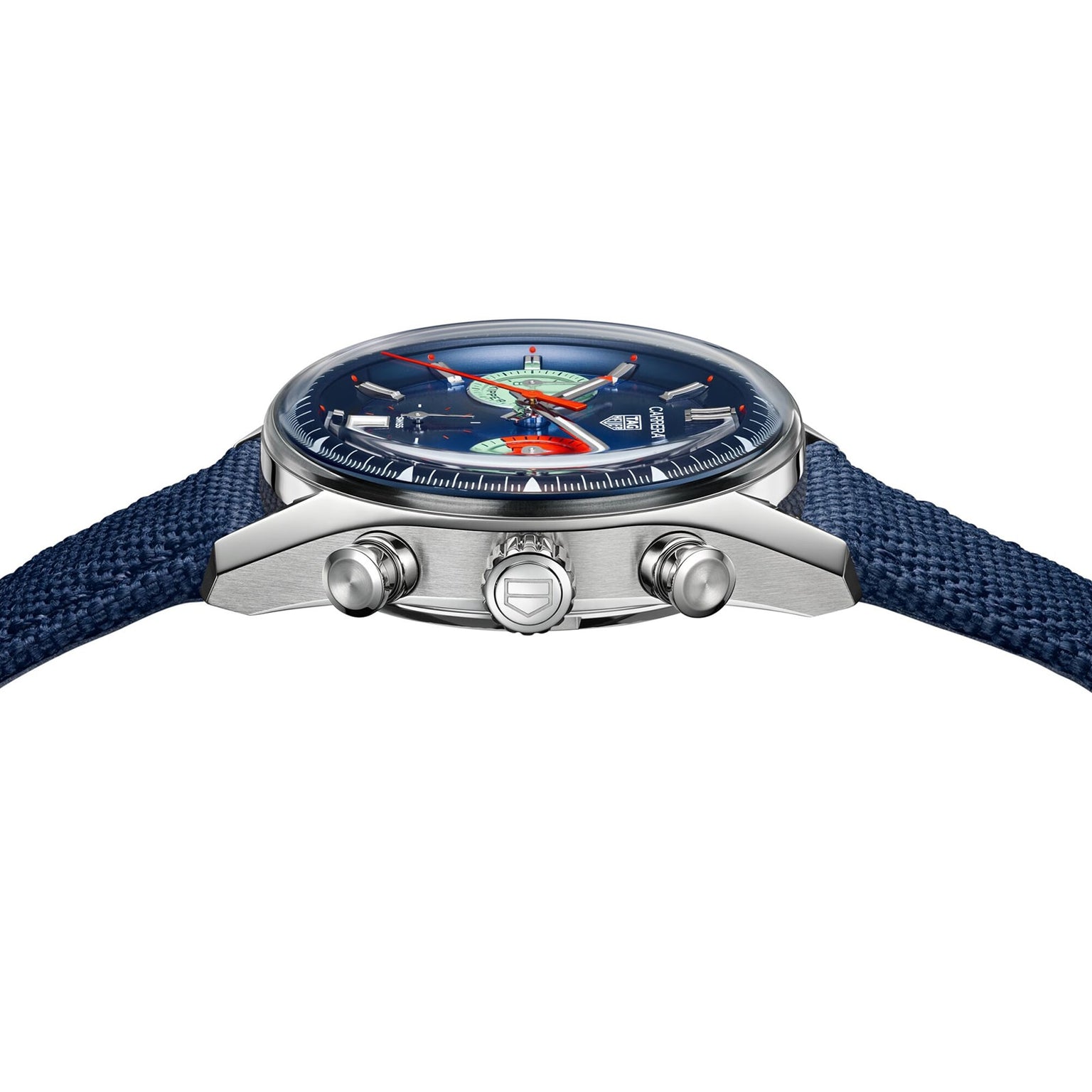 Side view of the TAG Heuer Carrera Chronograph Skipper, featuring a silver case, blue strap, and detailed airplane design on the watch face.