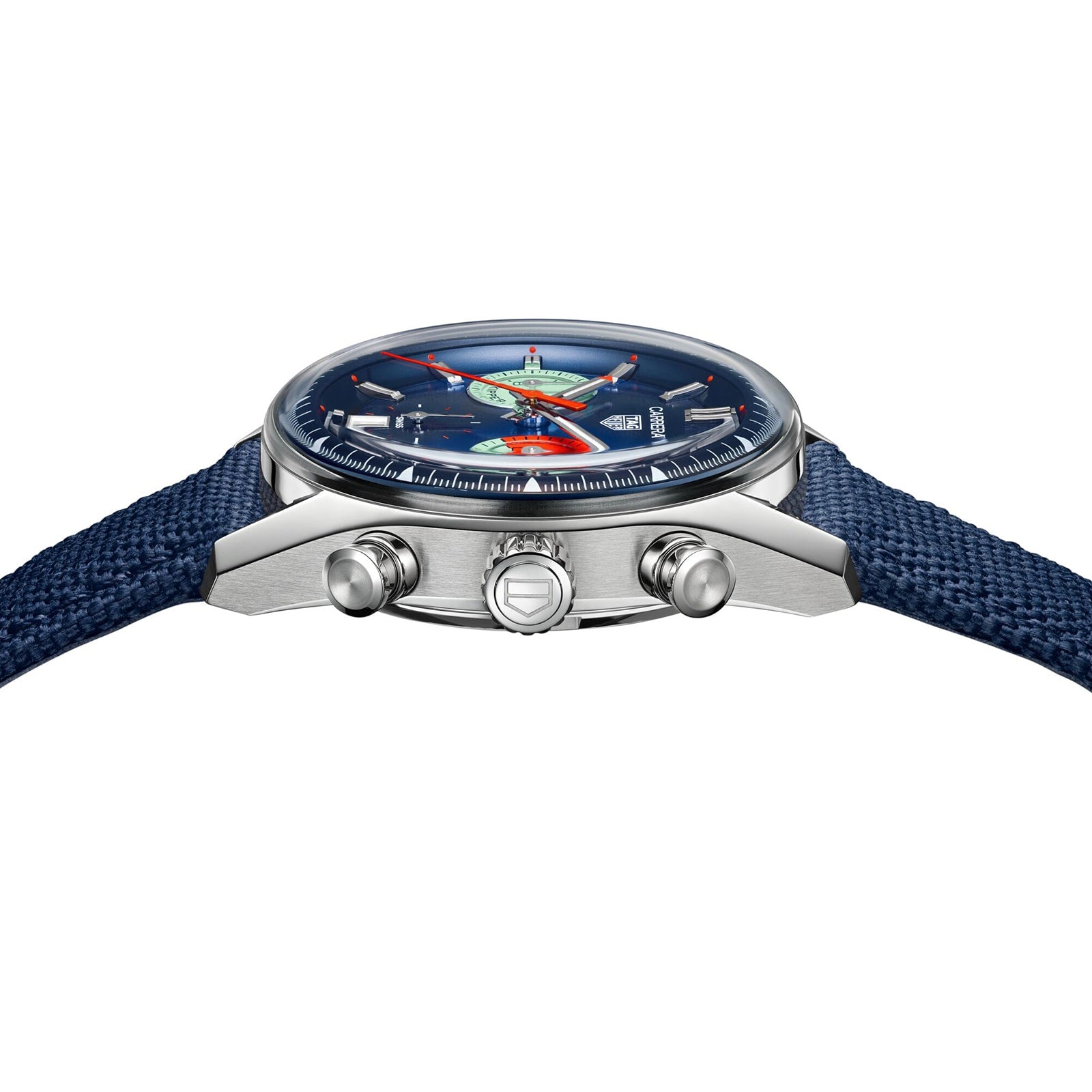 Side view of the TAG Heuer Carrera Chronograph Skipper, featuring a silver case, blue strap, and detailed airplane design on the watch face.