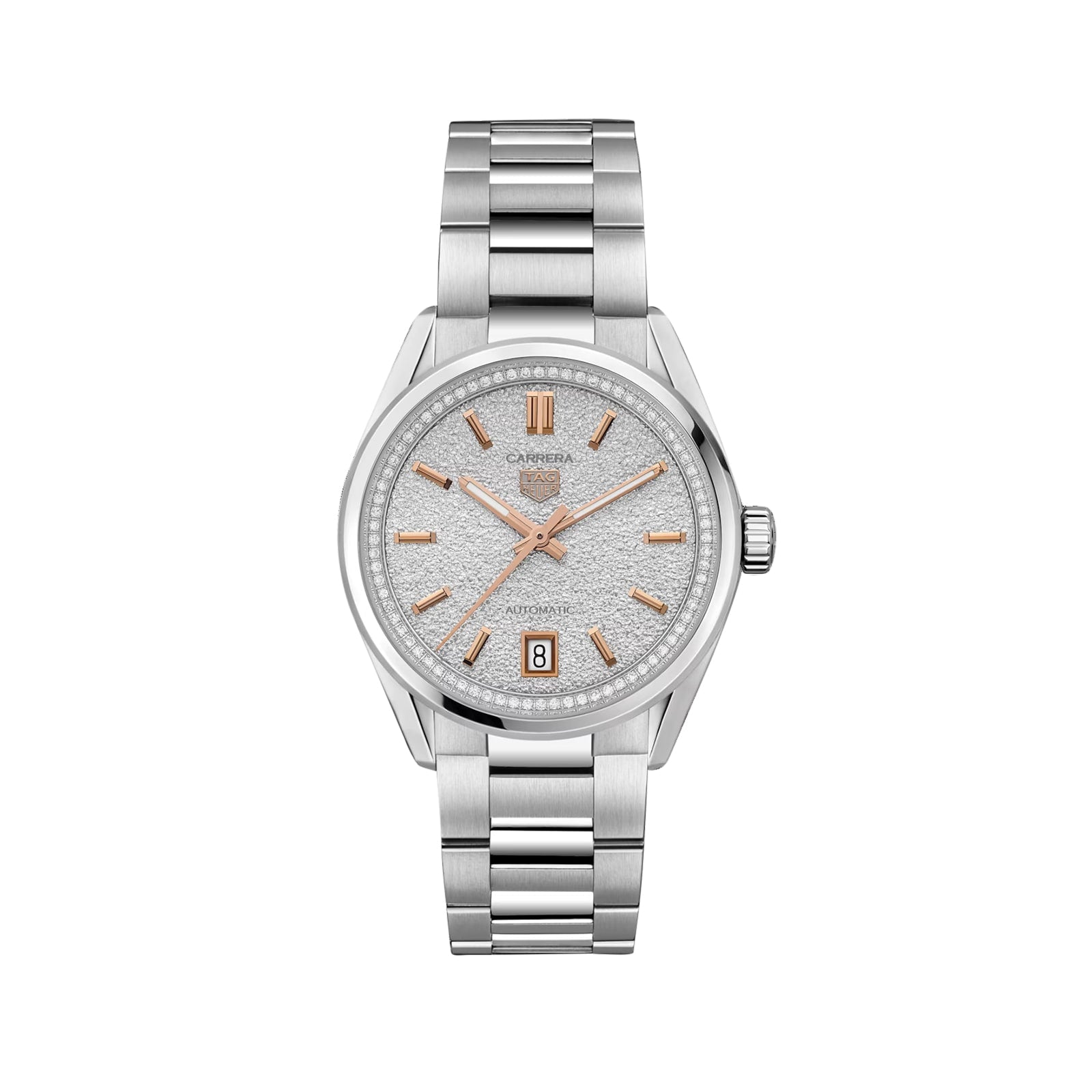 The TAG Heuer Carrera Date features a stainless steel case, textured silver dial, rose gold markers and hands, automatic movement, date display at 6 oclock, and a metal link bracelet.
