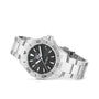 The TAG Heuer Aquaracer 200 Professional Solargraph, shown slightly angled on a white background, features a black dial, silver hour markers, stainless steel bracelet, and innovative solar-powered technology.