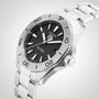 The TAG Heuer Aquaracer 200 Professional Solargraph features a stainless steel case, black dial, bold hour markers, rotating bezel, and metal bracelet displayed on a light background.