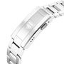 Close-up of the TAG Heuer Aquaracer 200 Professional Solargraph’s silver metal bracelet, with a clasp engraved with a shield-shaped logo, showcasing the refined design of this solar-powered timepiece.