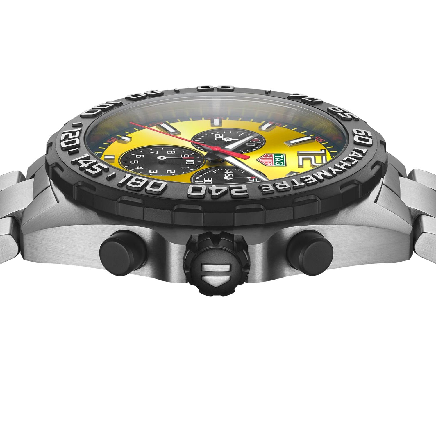 Close-up side view of the TAG Heuer Formula 1 Chronograph, featuring a stainless steel case, yellow and black dial, two push buttons, crown, and metal bracelet—an iconic design inspired by motor racing.