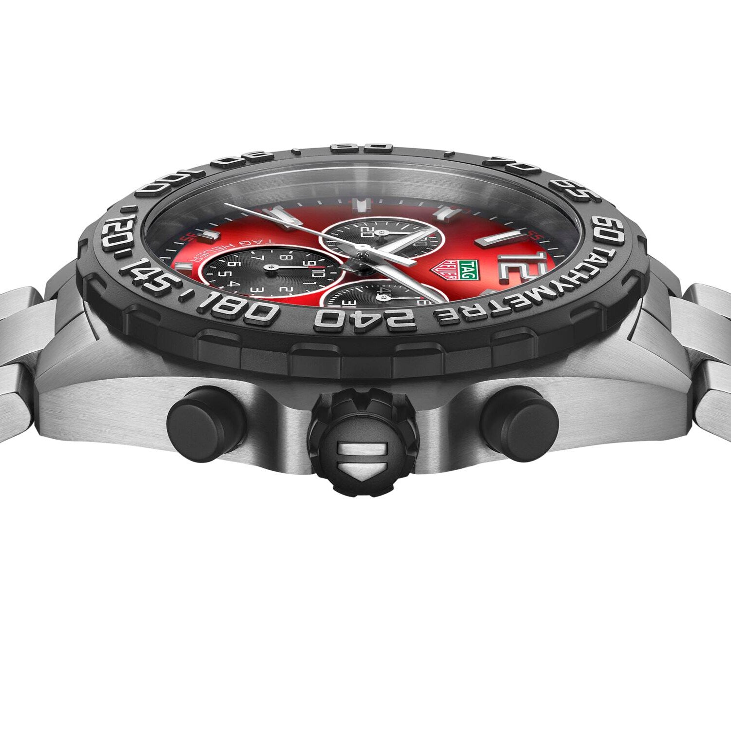 Close-up side view of the TAG Heuer Formula 1 Chronograph, featuring a stainless steel case, red and black dial, two push buttons, and a ridged crown—an iconic luxury timepiece.