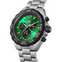 The TAG Heuer Formula 1 Chronograph features a green dial, black tachymeter bezel, three subdials, and date display—a distinctive luxury chronograph watch.