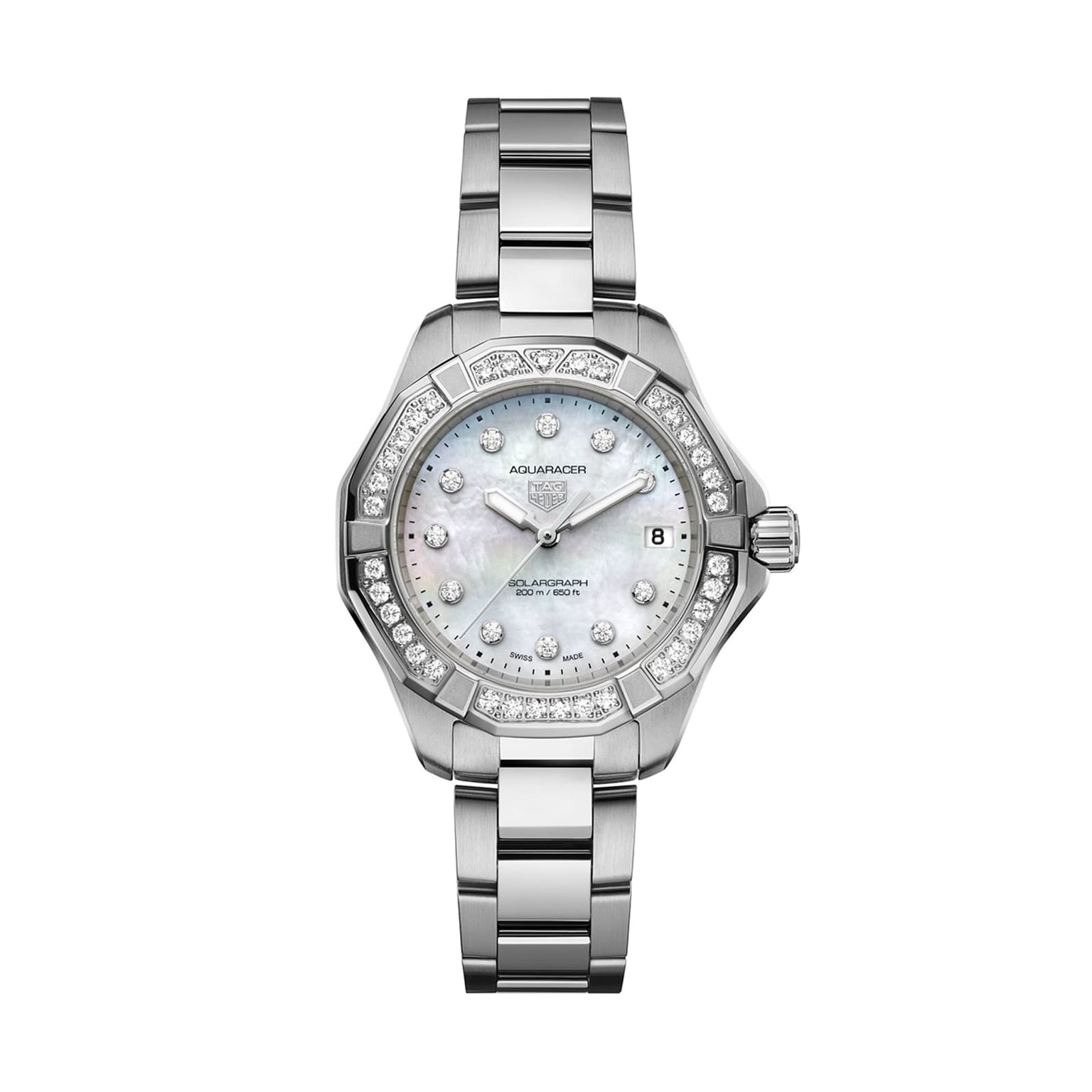 The TAG Heuer Aquaracer 200 Professional Solargraph is a silver watch with a metal band, diamond-set bezel, white mother-of-pearl dial, diamond hour markers, date at 3 oclock, and an advanced solar-powered module.