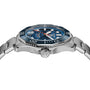 A close-up side view of the TAG Heuer Aquaracer Professional 300 Date, a Swiss-made watch with a stainless steel case, blue bezel and dial, silver markers, and a metal bracelet.