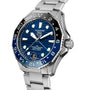 The TAG Heuer Aquaracer Professional 300 GMT, featuring a stainless steel case, blue and black bezel, blue dial, and silver bracelet, is displayed on a white background—a striking luxury chronograph.