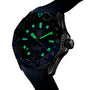 The TAG Heuer Aquaracer Professional 300 GMT features a blue dial with luminescent markers for readability in the dark, a matching blue rubber strap, and is powered by automatic movement.