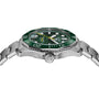 A TAG Heuer Aquaracer Professional 300 Date wristwatch with a green ceramic bezel and dial, shown from the side to highlight its stainless steel bracelet and engraved crown.
