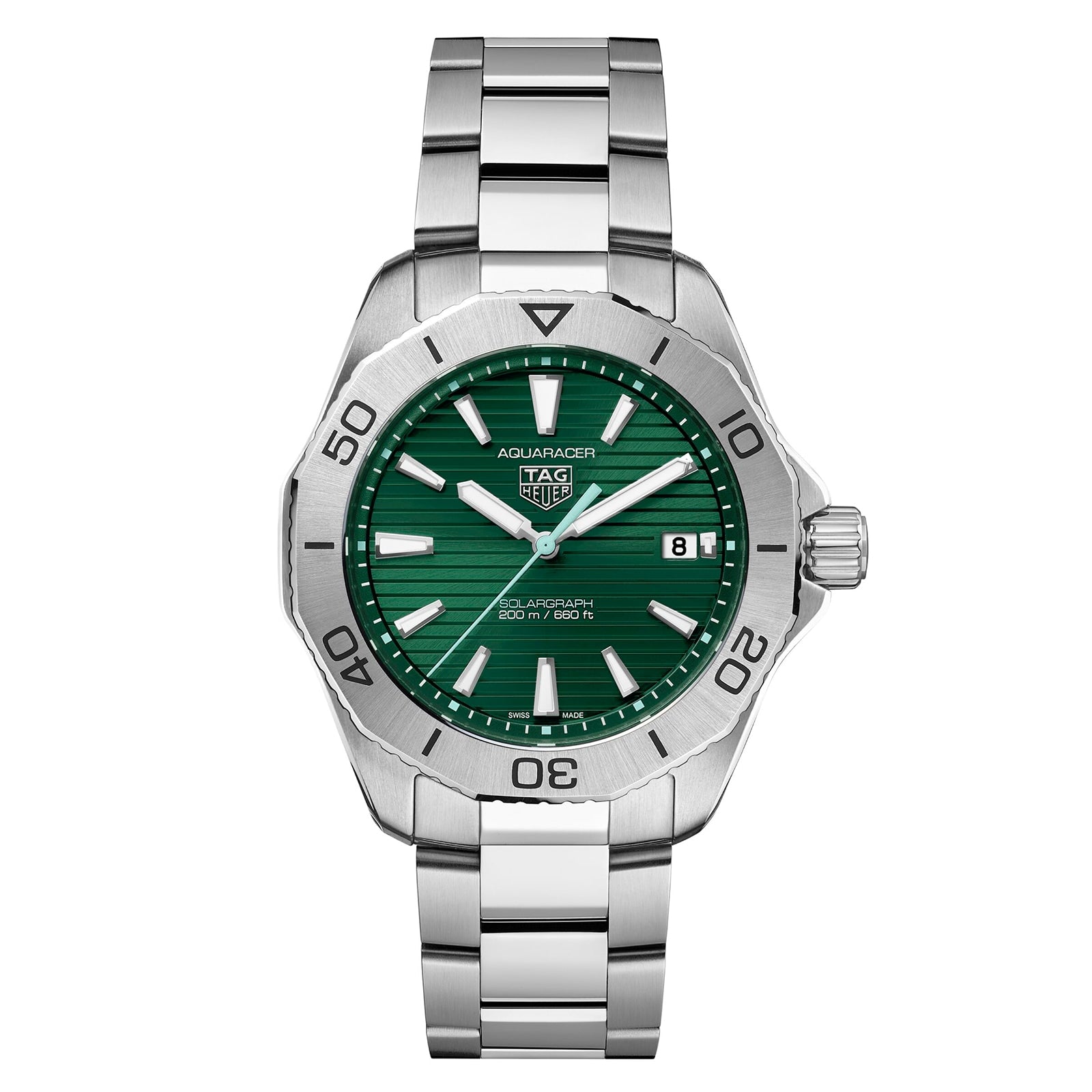 The TAG Heuer Aquaracer Professional 200 Solargraph features a green dial, stainless steel band, and displays the time at 10:10.
