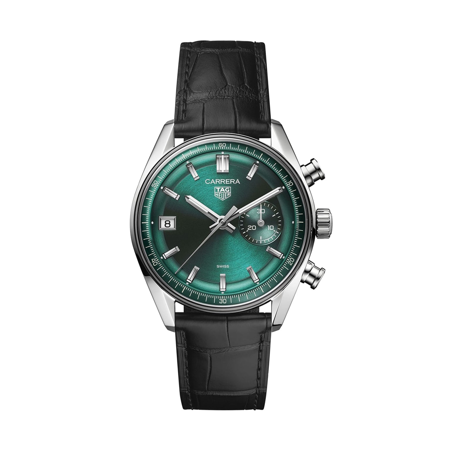 The TAG Heuer Carrera Chronograph features a green dial, silver markers, chronograph subdials, date window, and black leather strap, capturing the spirit of the Carrera Panamericana race against a white background.