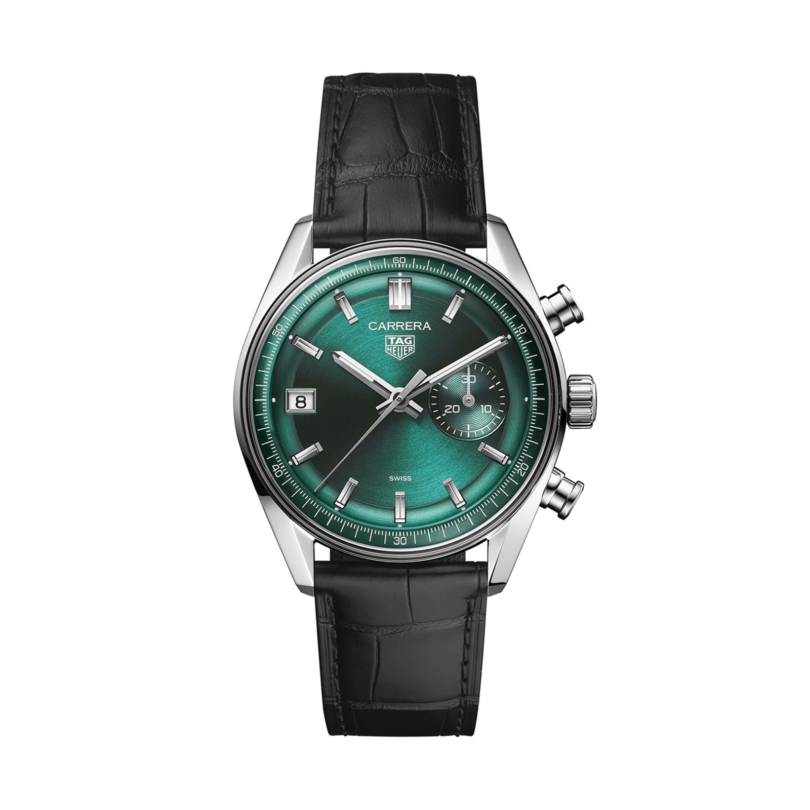 The TAG Heuer Carrera Chronograph features a green dial, silver markers, chronograph subdials, date window, and black leather strap, capturing the spirit of the Carrera Panamericana race against a white background.