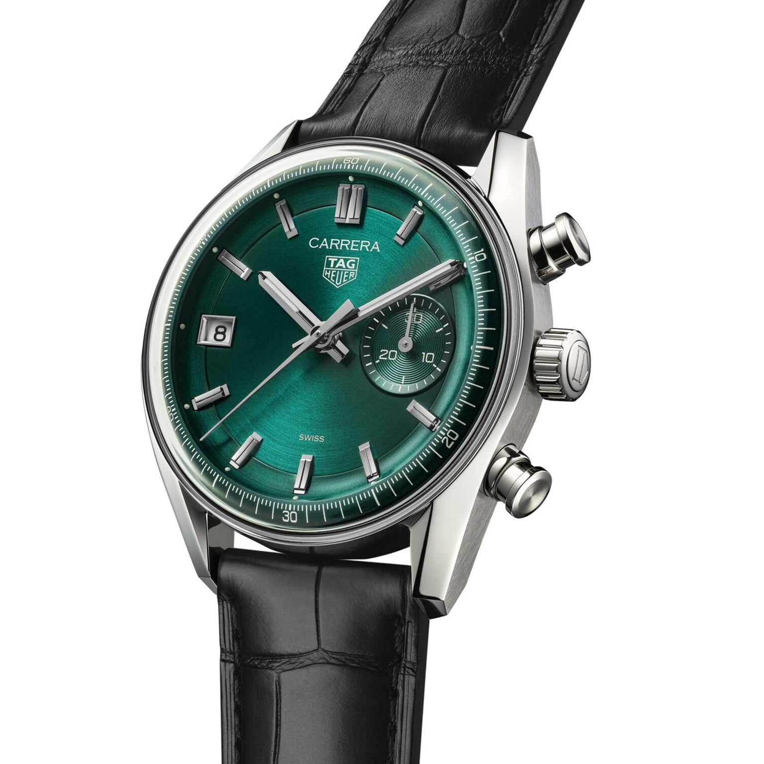 The TAG Heuer Carrera Chronograph boasts a green dial, date display, chronograph sub-dial, black leather strap, and precise TH20-07 automatic movement, inspired by the legendary Carrera Panamericana race.