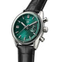 The TAG Heuer Carrera Chronograph boasts a green dial, date display, chronograph sub-dial, black leather strap, and precise TH20-07 automatic movement, inspired by the legendary Carrera Panamericana race.