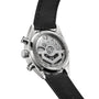 Back view of the TAG Heuer Carrera Chronograph showcasing the TH20-07 automatic movement through its transparent case back, with a black leather strap and Carrera Panamericana race engravings for classic appeal.