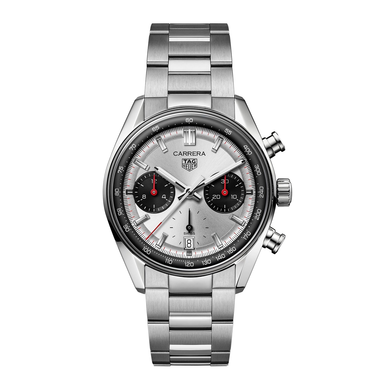 The TAG Heuer Carrera Chronograph features a stainless steel case, sapphire crystal, silver dial with black subdials, and a metal bracelet, displayed against a white background.