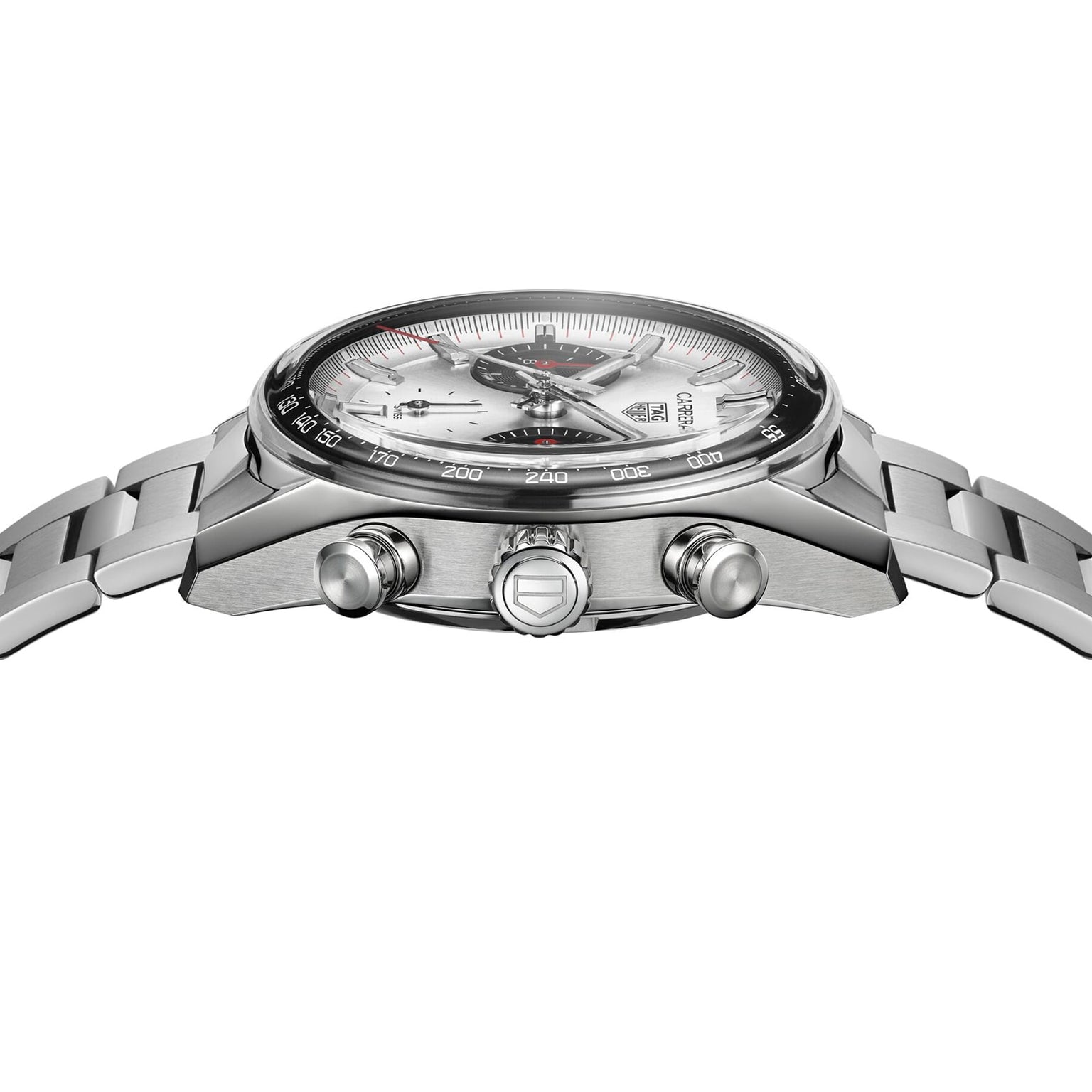 Side view of a TAG Heuer Carrera Chronograph wristwatch with silver stainless steel case, automatic movement, visible watch face, push buttons, and crown against a white background.