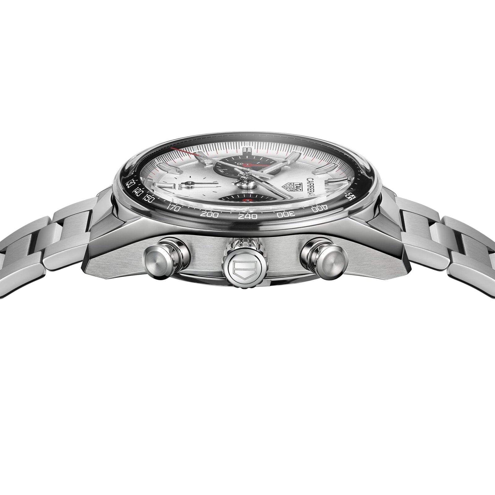 Side view of a TAG Heuer Carrera Chronograph wristwatch with silver stainless steel case, automatic movement, visible watch face, push buttons, and crown against a white background.