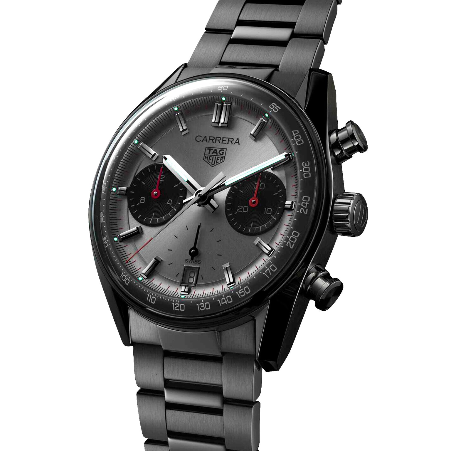 The TAG Heuer Carrera Chronograph features a stainless steel band, grey dial with two black subdials, red chronograph accents, and a sapphire crystal safeguarding its automatic movement.