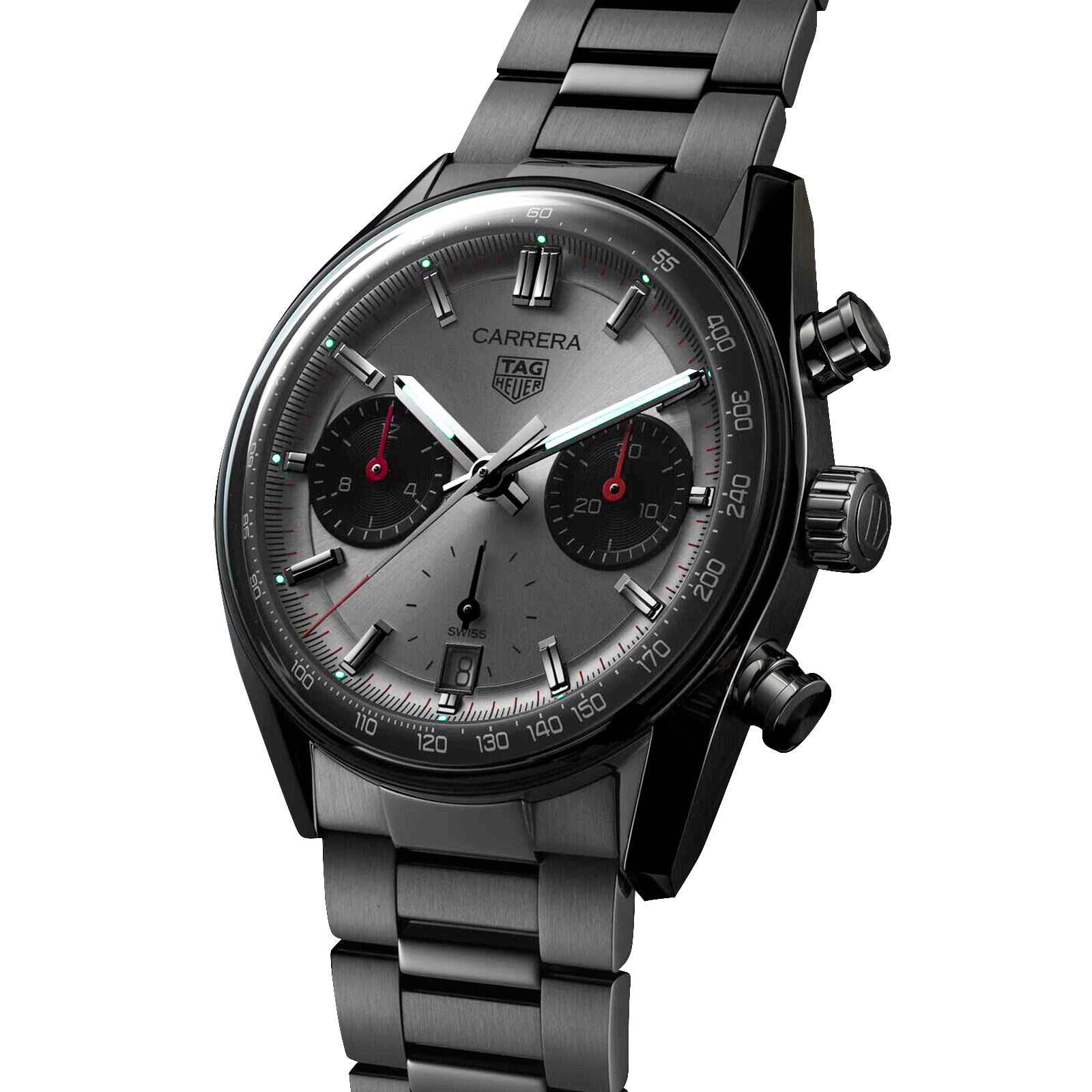 The TAG Heuer Carrera Chronograph features a stainless steel band, grey dial with two black subdials, red chronograph accents, and a sapphire crystal safeguarding its automatic movement.