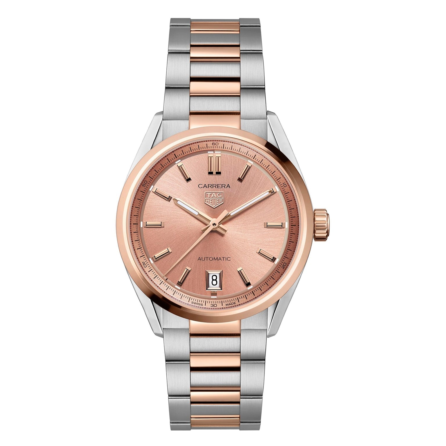 The TAG Heuer Carrera Date wristwatch features a pink dial, 18ct rose gold accents, a date display at 6 o’clock, and a two-tone stainless steel and rose gold bracelet.