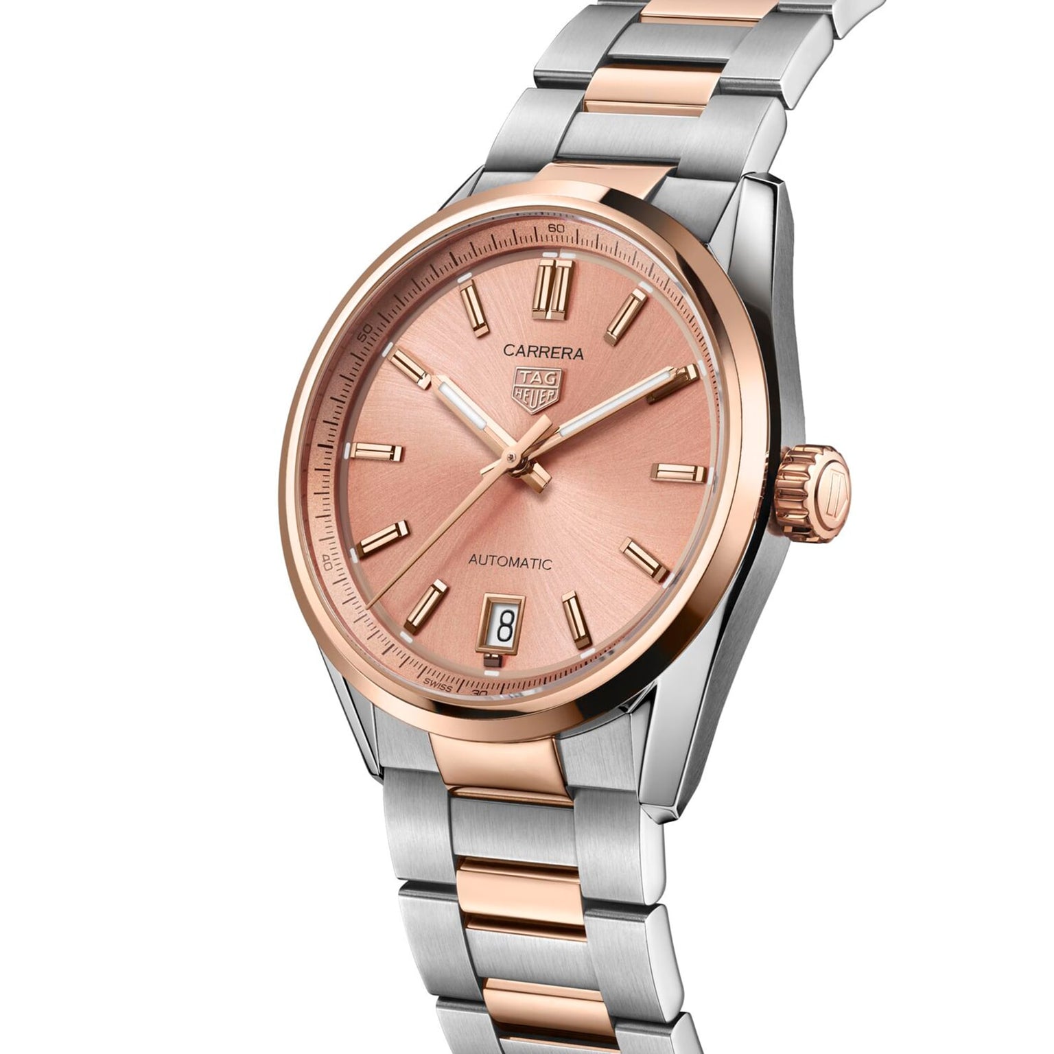 The TAG Heuer Carrera Date watch features an 18ct rose gold dial, date display, and a two-tone silver and rose gold metal bracelet.