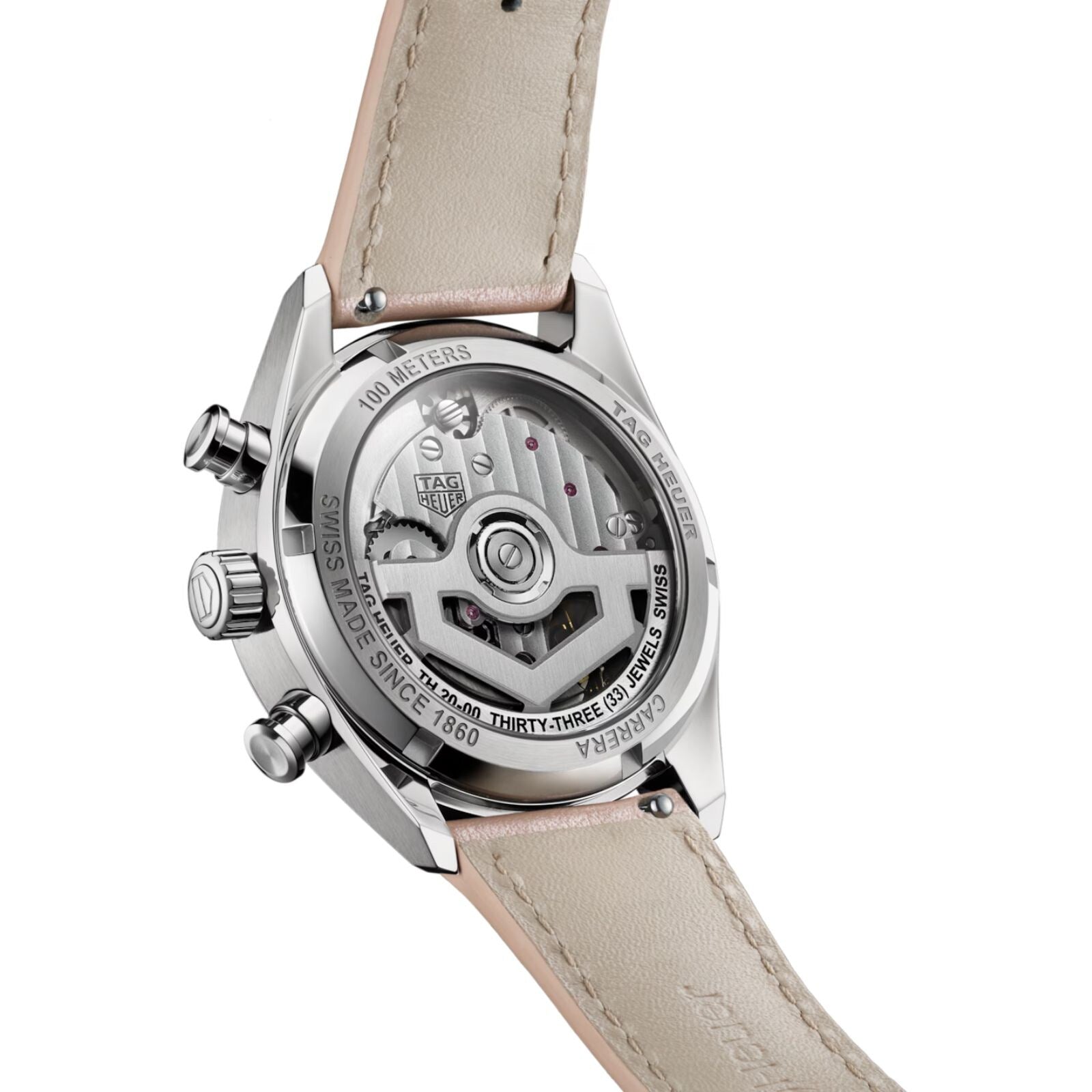 Close-up of the transparent case back of the TAG Heuer Carrera Chronograph, revealing its inner mechanical movement.