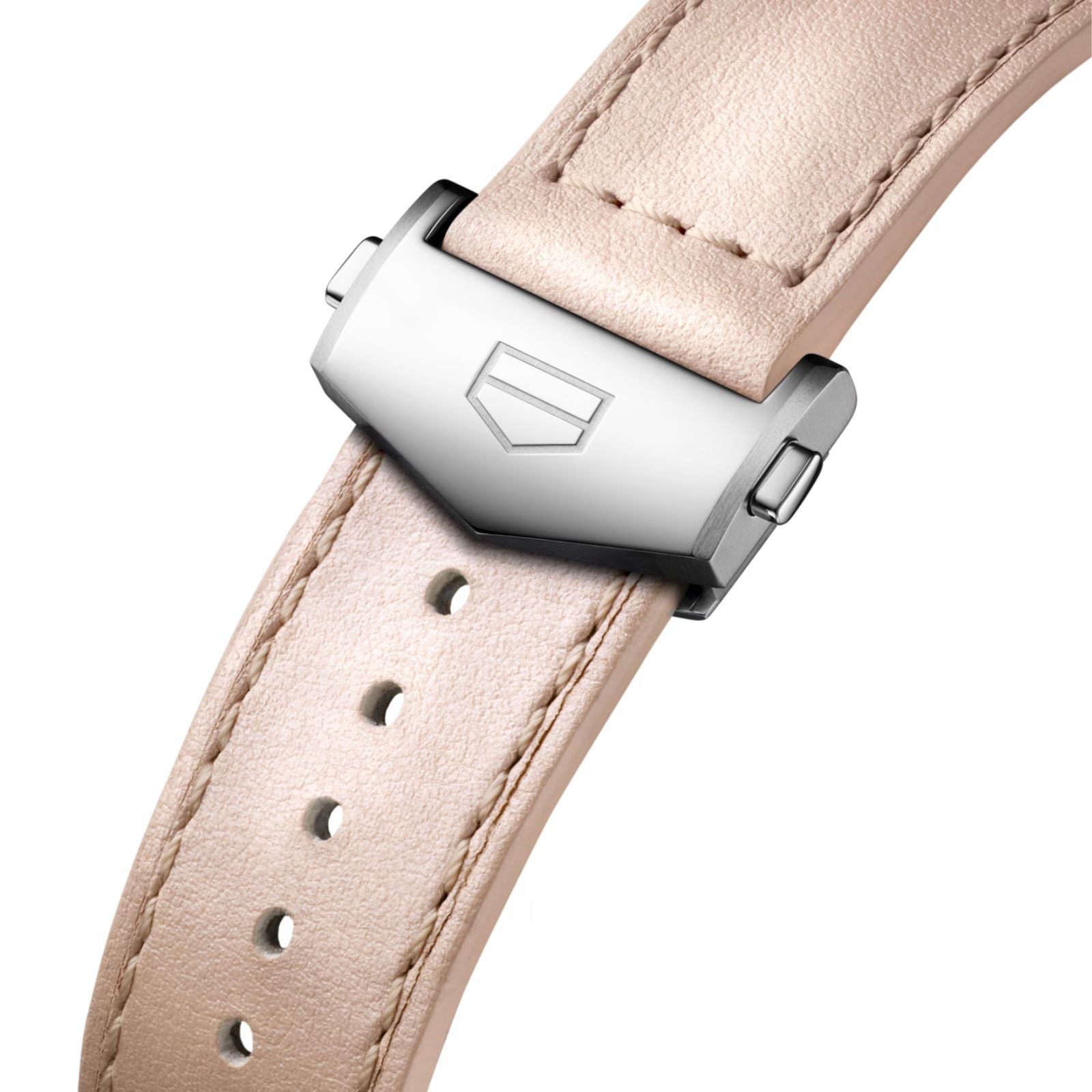 Close-up of a beige leather strap with a silver clasp, engraved with the TAG Heuer logo, designed for the Carrera Chronograph.