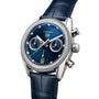 The TAG Heuer Carrera Chronograph features a blue dial, diamond bezel, blue leather strap, and chronograph functions.