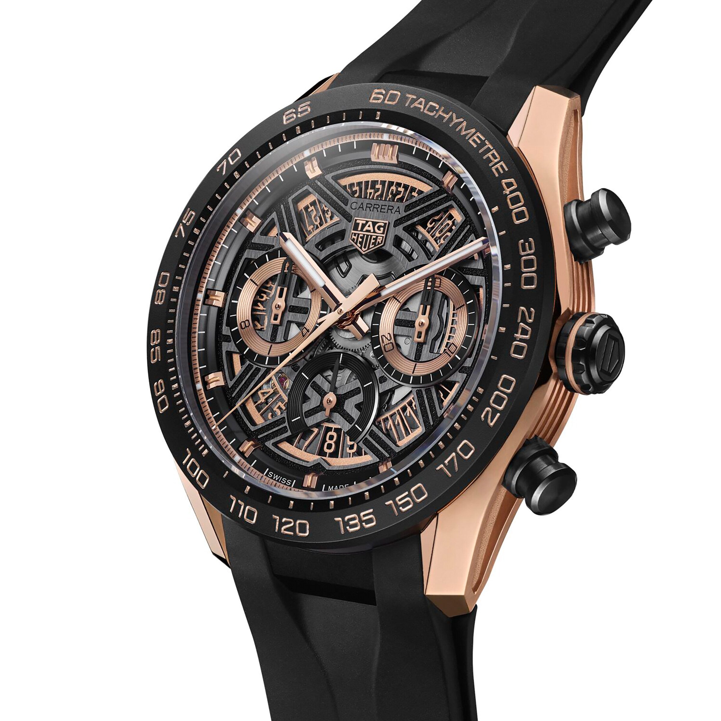 The TAG Heuer Carrera Chronograph Extreme Sport features a skeleton dial, black tachymeter bezel, and black rubber strap—a stylish choice for motorsport enthusiasts.