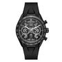 The TAG Heuer Carrera Chronograph Extreme Sport features a black skeleton dial with three subdials, tachymeter bezel, and a black rubber strap, shown from the front.